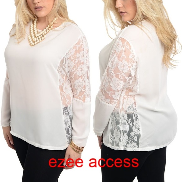 Tops - plus size top long sleeves blouse lace sheer mesh